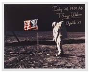 Buzz Aldrin Signed 10 x 8 Apollo 11 Photo With Aldrin Writing July 20, 1969 AD Photo -- Aldrin Stands Next to the U.S. Flag on the Moon