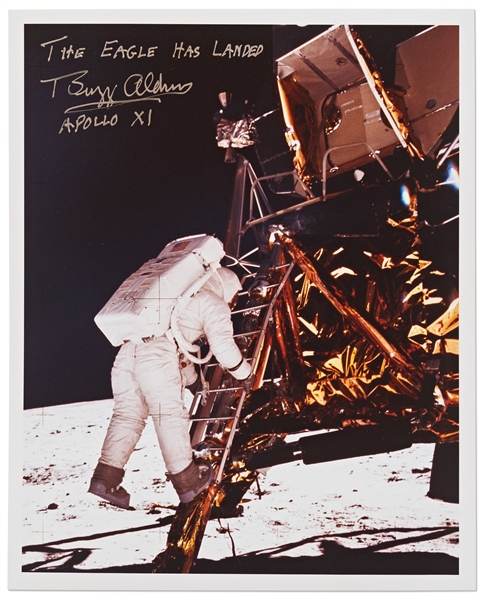 Buzz Aldrin Signed 8 x 10 Photo Showing Him Descending Upon the Moon -- The Eagle has Landed