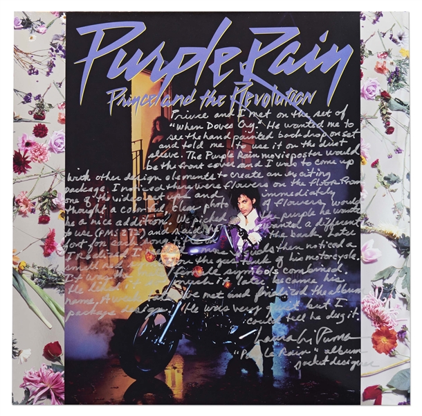 Purple Rain Designer, Laura LiPuma, Signed Statement on the LP Cover -- We picked the purple he wanted to use (PMS272) and he said he wanted a different font for each song title on the back...