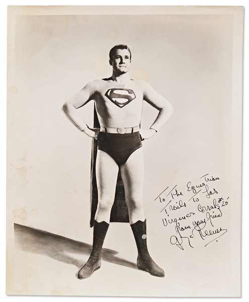 George Reeves Signed Photo as Superman -- From the Estate of Martial Artist Bruce Tegner, Reeves Inscribes the Photo, To the Equestrian Trails