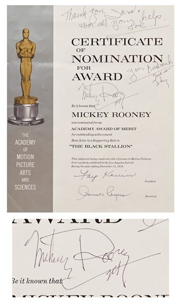 Mickey Rooney Twice-Signed Academy Award Nomination for ''The Black Stallion''