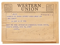 James Dean Telegram Sent in 1954 to His Agent Jane Deacy -- concerning future status...Love Jimmy