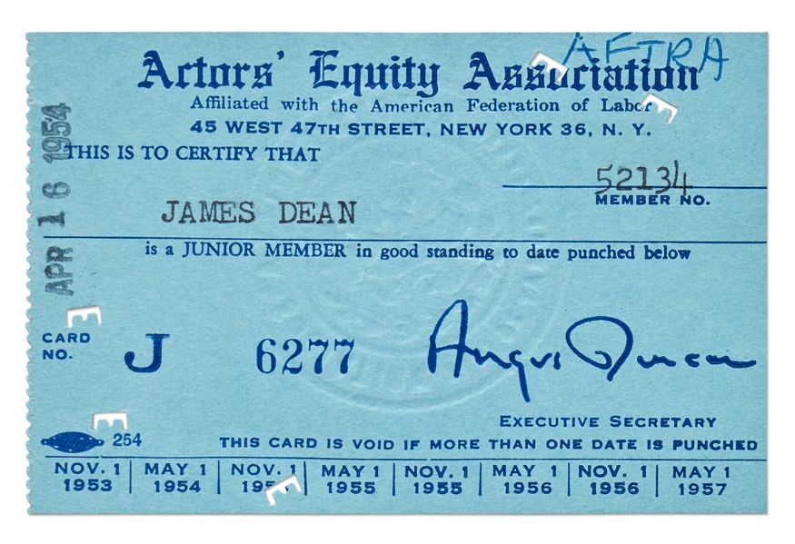Lot Detail James Dean s Actor s Equity Association Card From 1954