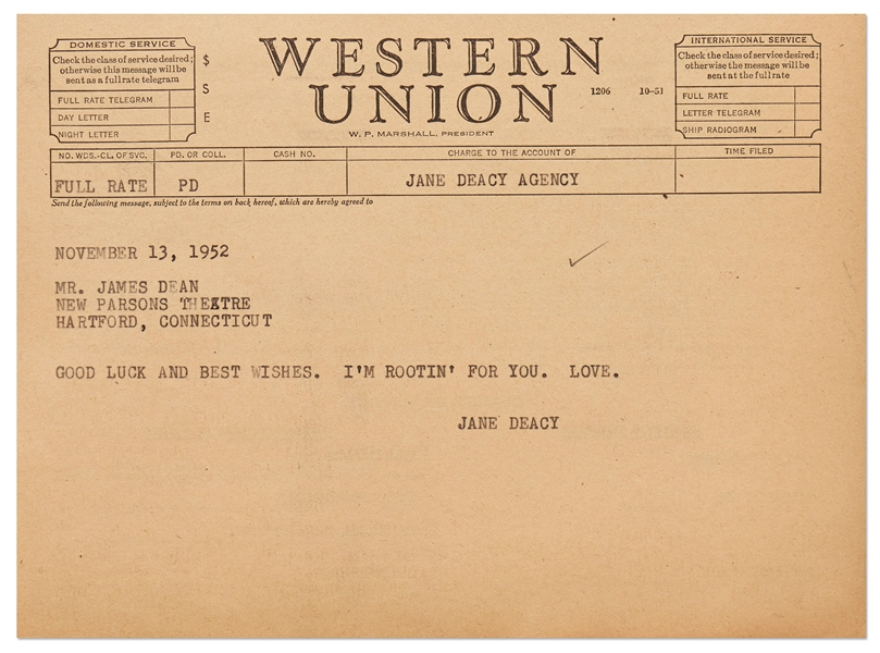 Telegram Sent to James Dean from His Agent Jane Deacy -- On the Eve of Deans Stage Debut in 1952