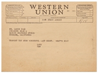 Telegram to James Dean from His Agent Jane Deacy Shortly After Filming East of Eden -- ...Thought you were wonderful last night...