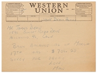 Draft Telegram to James Dean from His Agent Jane Deacy When Dean Was Filming Rebel Without a Cause