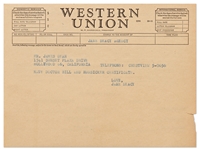 Telegram to James Dean from His Agent Jane Deacy When Dean Was Filming Rebel Without a Cause