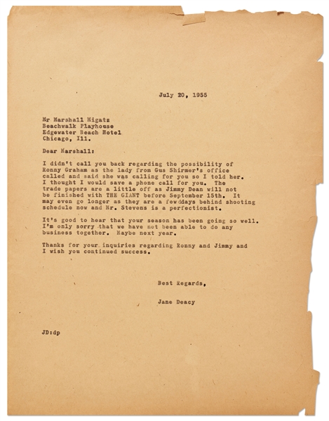 Jane Deacy Letter Regarding James Dean Filming ''Giant'' -- ''...Jimmy Dean will not be finished with THE GIANT before September 15th...Mr. Stevens is a perfectionist...''