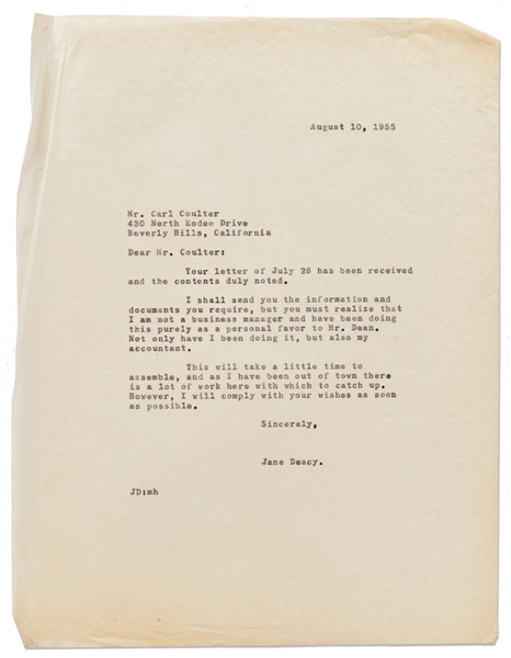 Jane Deacy Letter to James Dean's Business Manager