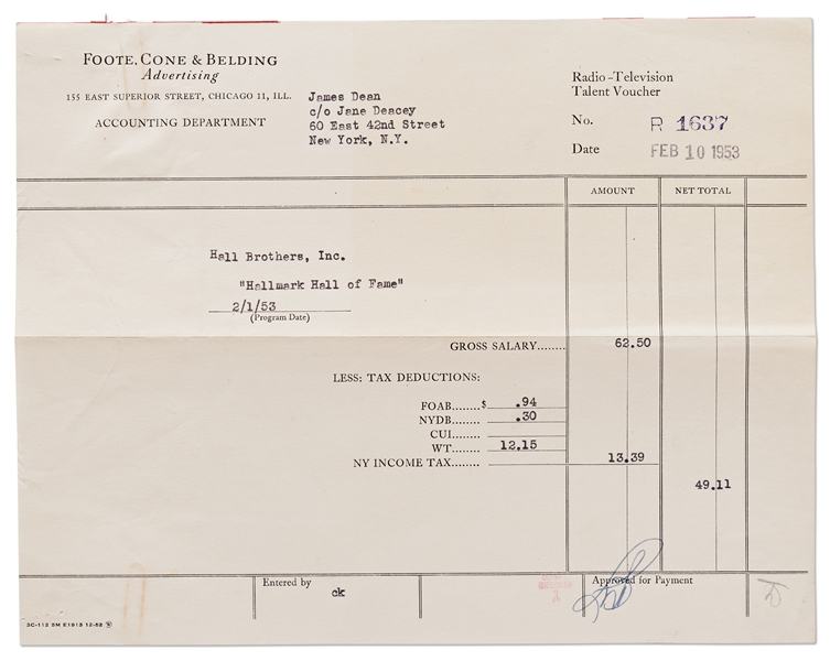 Payment Voucher for James Deans Appearance on the Hallmark Hall of Fame