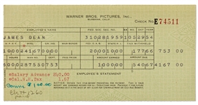 James Deans Paycheck Stub from Warner Brothers for Filming East of Eden
