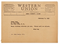 Telegram to James Dean from Rebel Without a Cause Director Nick Ray -- Ray Sends Dean Birthday Wishes, with REBEL WITHOUT A CAUSE Typed at Top