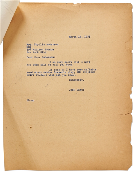 Correspondence to Jane Deacy Regarding James Dean's Role in the Play ''The Terrible Swift Sword''