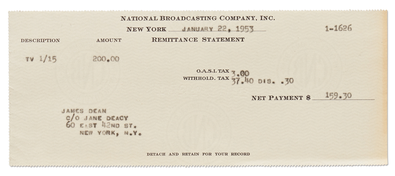 NBC Paystub from January 1953 to James Dean for His Performance in the TV Episode The Hound of Heaven