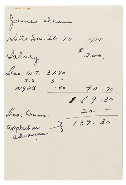 Note from Jane Deacys Office Regarding James Deans Earnings from a TV Show in 1953