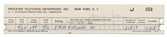 James Deans Paystubs for Two Television Appearances in 1953 and 1954