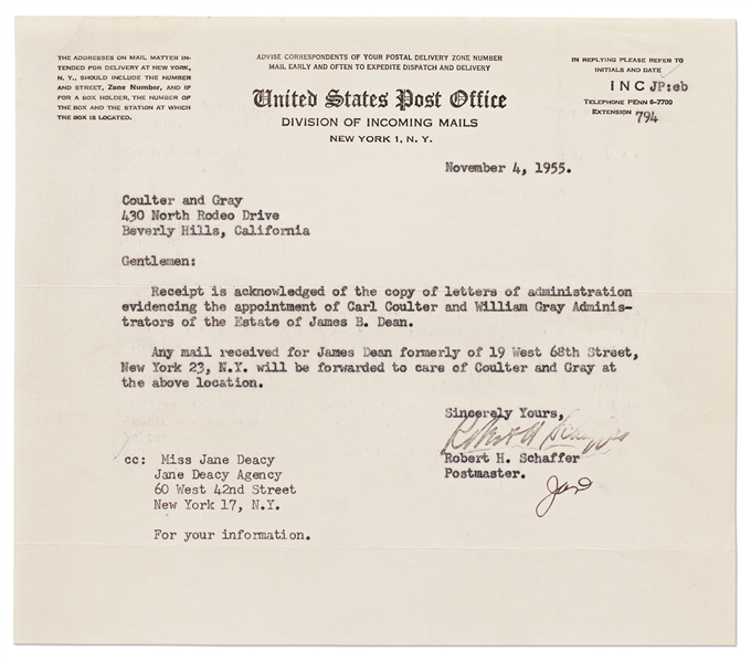 Post Office Letter Acknowledging James Dean's Change of Address After His Death