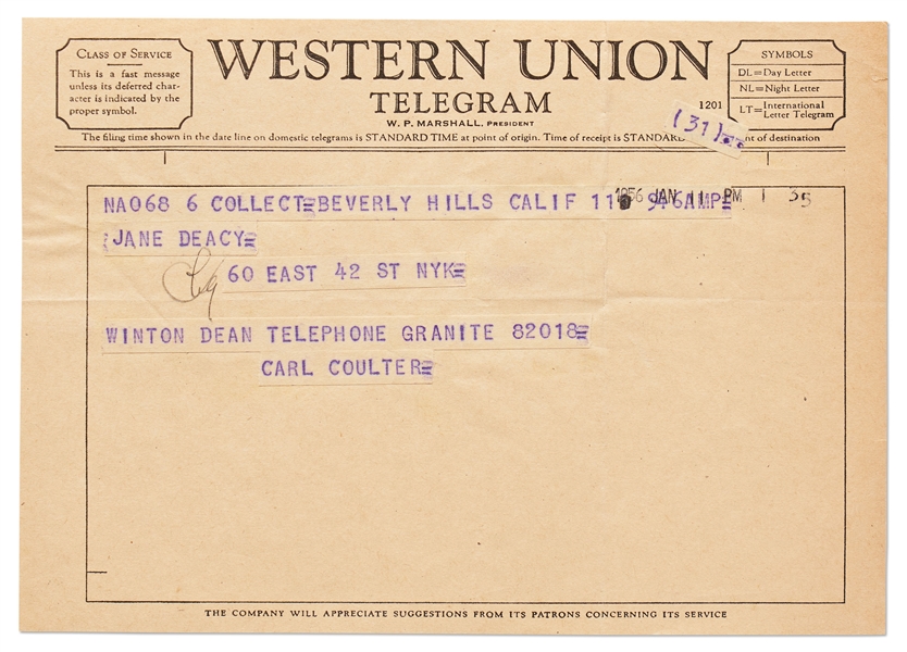 Telegram in 1956 to Jane Deacy with the Phone Number of James Dean's Father