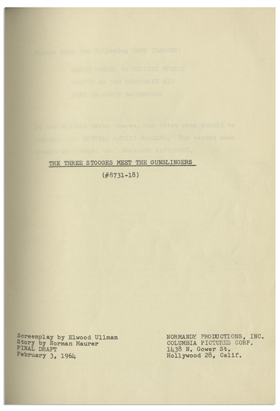 Outlaws Script Lot Detail - Moe Howard Personally Owned Script for ''The Outlaws IS ...