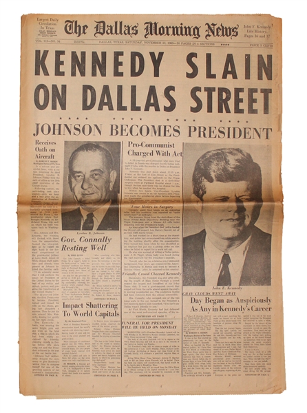 Historic The Dallas Morning News From Morning After JFK Assassination Stunned the World -- Headlines Include Johnson Becomes President and Pro-Communist Charged With Act