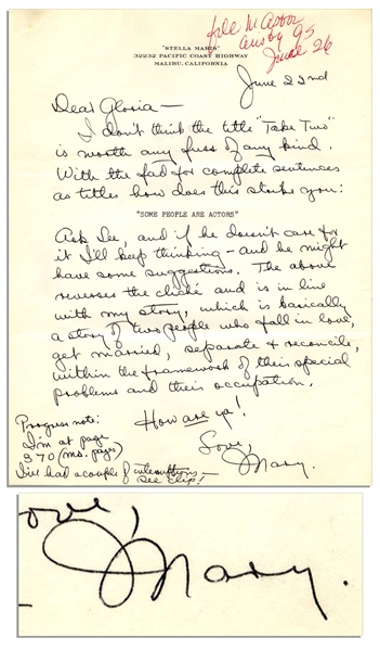 Mary Astor Autograph Letter Signed Regarding Naming a  Book -- ...I dont think the title Take Two is worth any fuss of any kind...how does this strike you: Some People Are Actors...