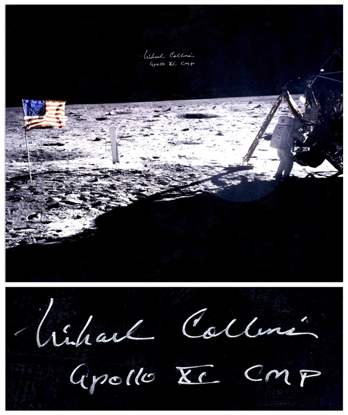 Michael Collins Signed 20'' x 16'' Photo of the Moon, Capturing Both Neil Armstrong and the United States Flag