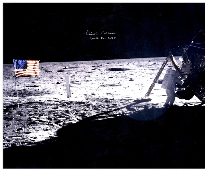 Michael Collins Signed 20'' x 16'' Photo of the Moon, Capturing Both Neil Armstrong and the United States Flag