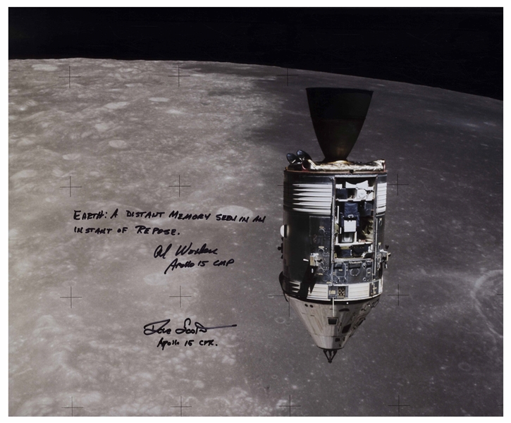 Al Worden & Dave Scott Signed 20'' x 16'' Photo of the Apollo 15 Command Module Against the Moon -- Worden Additionally Writes ''EARTH: A distant memory seen in an instant of repose''