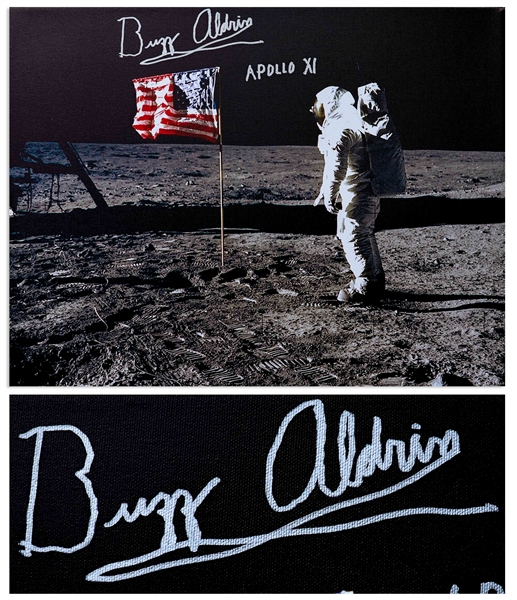 Buzz Aldrin Signed Canvas of the Iconic Apollo 11 Image Showing Aldrin Standing Next to the U.S. Flag -- Measures 24'' x 20''