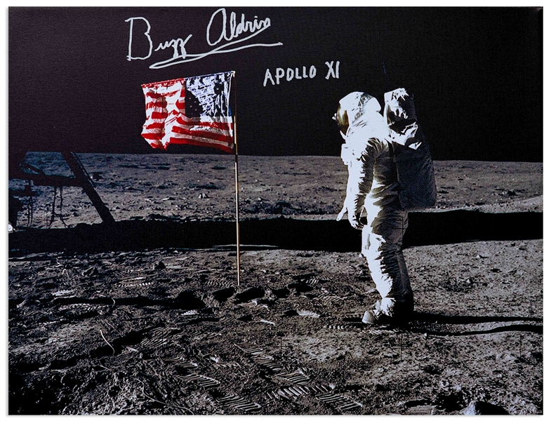 Buzz Aldrin Signed Canvas of the Iconic Apollo 11 Image Showing Aldrin Standing Next to the U.S. Flag -- Measures 24'' x 20''