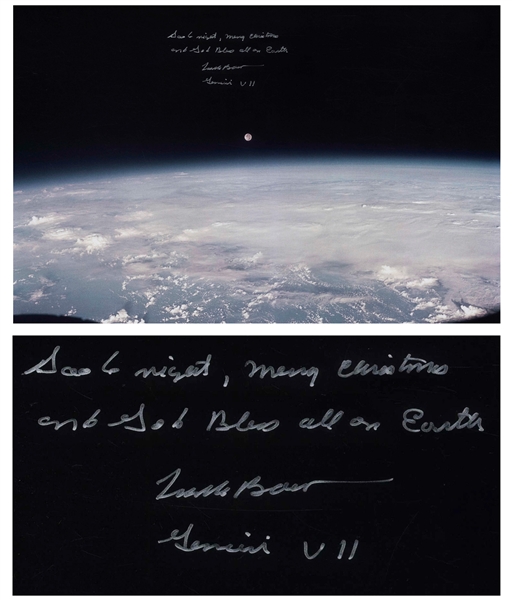 Frank Borman Signed 20'' x 16'' Photo of the Earth and Moon -- ''...Good night, Merry Christmas and God Bless all on Earth...''