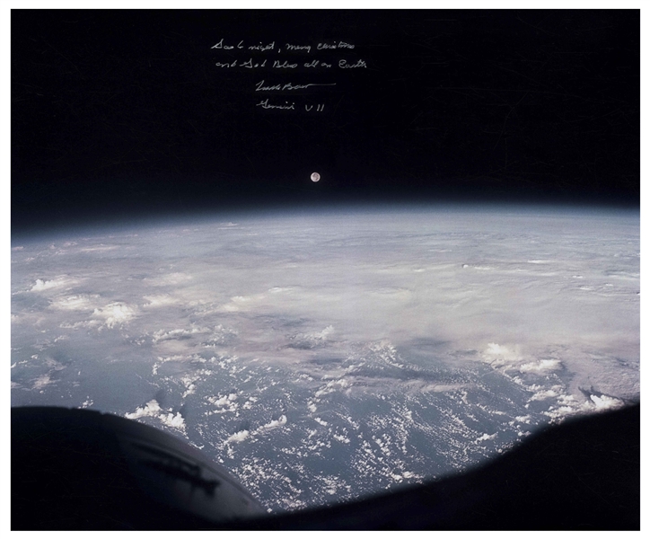 Frank Borman Signed 20'' x 16'' Photo of the Earth and Moon -- ''...Good night, Merry Christmas and God Bless all on Earth...''