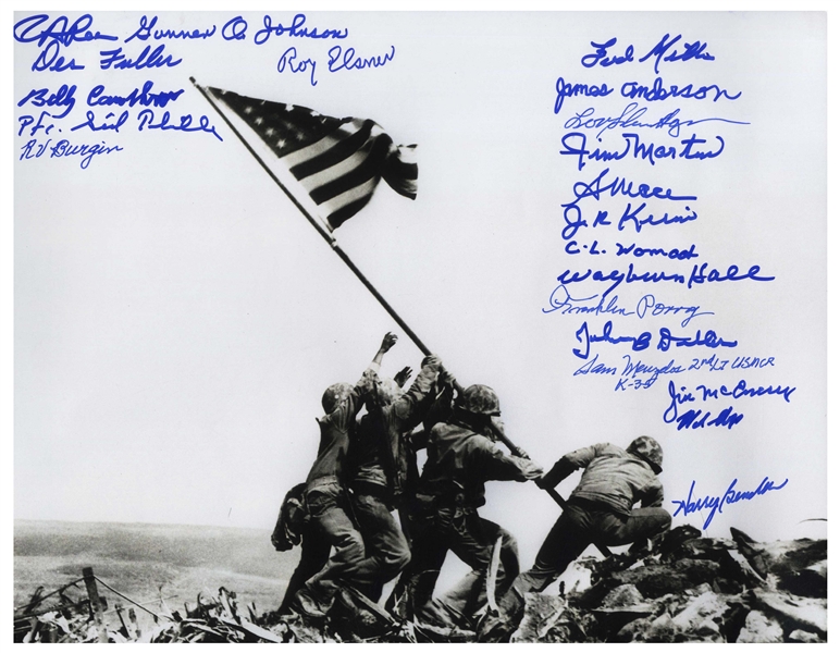 Raising the Flag on Iwo Jima 14 x 11 Photo Signed by 21 WWII Pacific Theater U.S. Marines