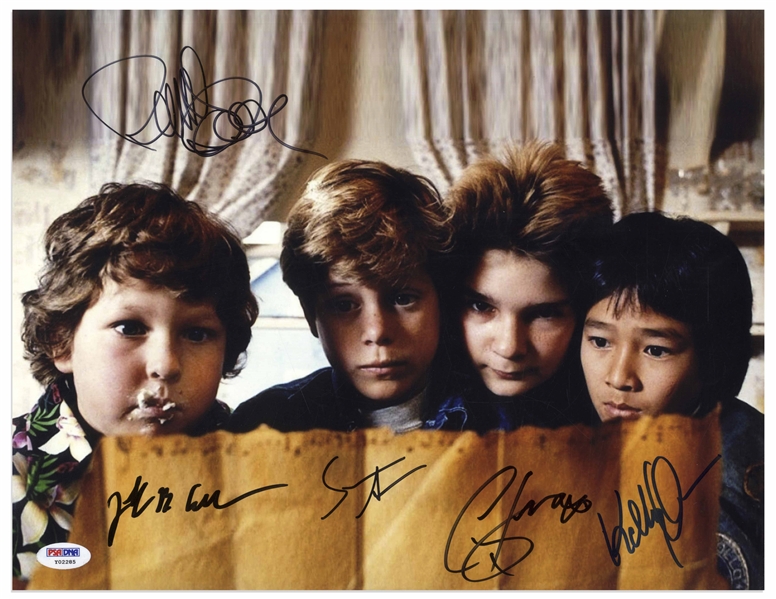 The Goonies Cast-Signed 14 x 11 Photo -- Signed by All Four Plus Director Richard Donner -- With PSA/DNA COA