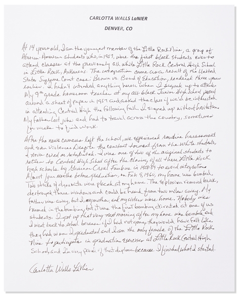 Carlotta LaNier, the Youngest of the ''Little Rock Nine'' Autograph Essay Signed -- ''...After the news cameras left...we experienced routine harassment and even violence...my home was bombed...''