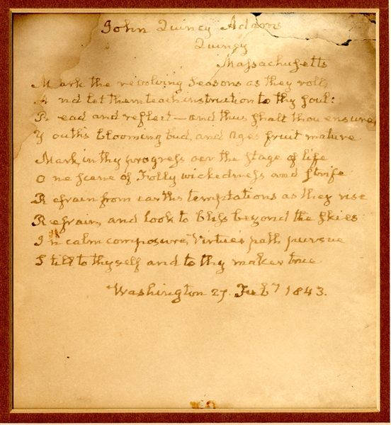 John Quincy Adams Handwritten & Signed Original Poem -- Acrostic Poem Was Given by Adams to the Daughter of His Congressional Colleague, Mary Morris