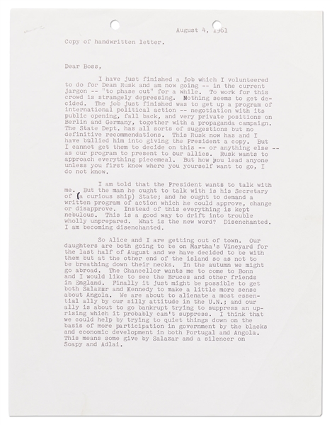 Harry Truman Autograph Letter Signed to Dean Acheson -- Candid Letter Critiques the Kennedy Administration's Response to the Berlin Crisis of 1961 at the Height of the Cold War