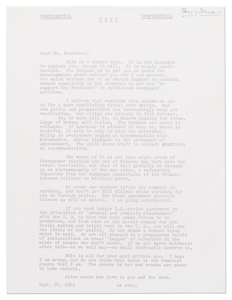 Harry Truman Autograph Letter Signed to Dean Acheson -- Candid Letter Critiques the Kennedy Administration's Response to the Berlin Crisis of 1961 at the Height of the Cold War