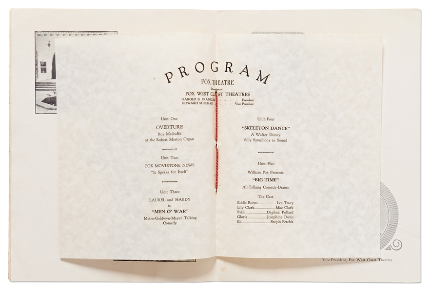 Rare Fox Theatre Program from 1929 with Walt Disneys Skeleton Dance Showing -- Skeleton Dance Was the First of Disneys Silly Symphony Shorts