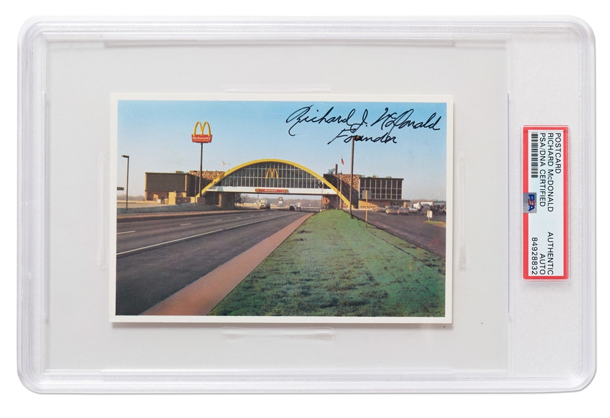 Richard McDonald Signed Postcard of the World's Largest McDonald's Restaurant -- Encapsulated by PSA/DNA