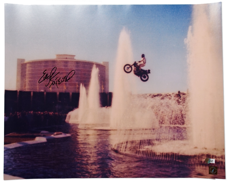 Evel Knievel Signed 20 x 16 Photo of the Caesars Palace Jump That Made Him a Star