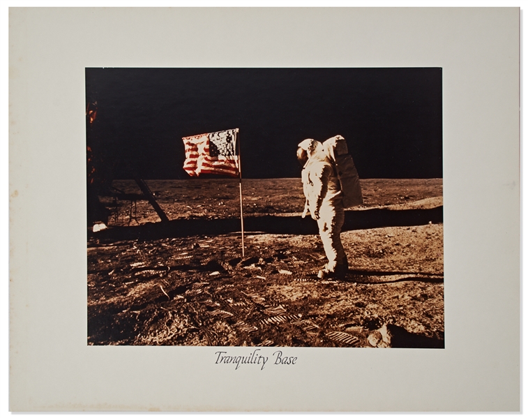 Large Format NASA Chromogenic Photograph of Buzz Aldrin Standing Next to the U.S. Flag on the Moon -- Measures 14'' x 11''