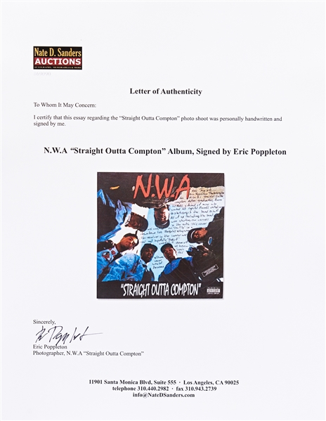 'Straight Outta Compton'' LP Record Album Signed by the Photographer of the Iconic Photo with Essay on That Shot -- ''The revolver...was real''