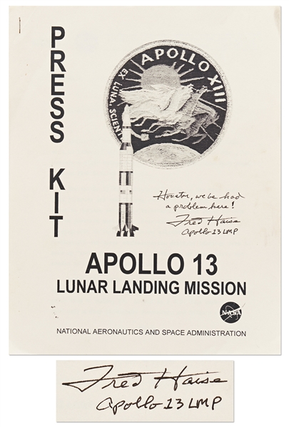 Fred Haise Signed Apollo 13 Press Kit, Adding the Famous Quote from the Mission: ''Houston, we've had a problem here!''