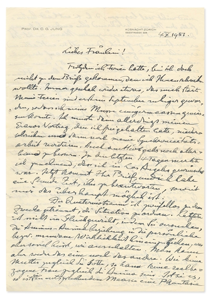 Carl Jung Autograph Letter Signed, Interpreting a Dream Using the Anima-Animus Framework: ''...A divine authority separates us from all those whom we love...''