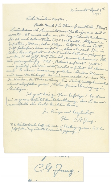 Carl Jung Autograph Letter Signed from 1951 Describing the Transformative Health Event that Led to Writing ''Answer to Job'' -- ''...I was taken down into the unconscious...Title: 'Answer to Job'...''