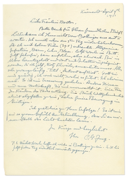 Carl Jung Autograph Letter Signed from 1951 Describing the Transformative Health Event that Led to Writing ''Answer to Job'' -- ''...I was taken down into the unconscious...Title: 'Answer to Job'...''