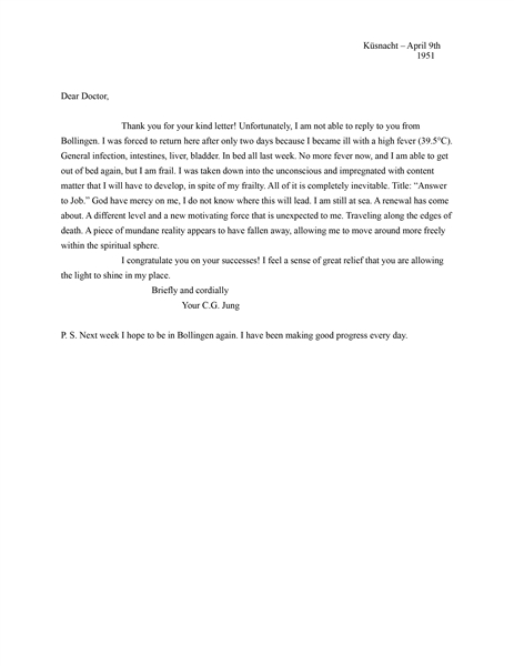 Carl Jung Autograph Letter Signed from 1951 Describing the Transformative Health Event that Led to Writing ''Answer to Job'' -- ''...I was taken down into the unconscious...Title: 'Answer to Job'...''