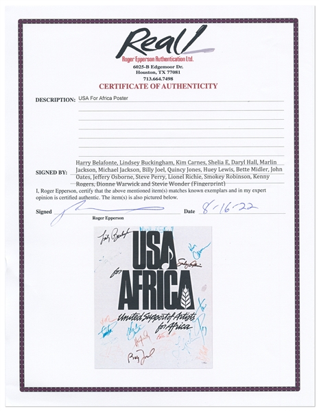 Historic ''USA for Africa'' Poster Signed by 19 Musical Artists From the 1985 Charity Single ''We Are The World'' -- Including Michael Jackson & Billy Joel -- With Roger Epperson COA