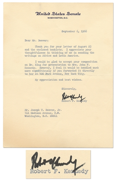 Robert F. Kennedy Letter Signed as U.S. Senator -- RFK Writes to One of the First Black Men to Serve in the U.S. Marines -- With University Archives COA